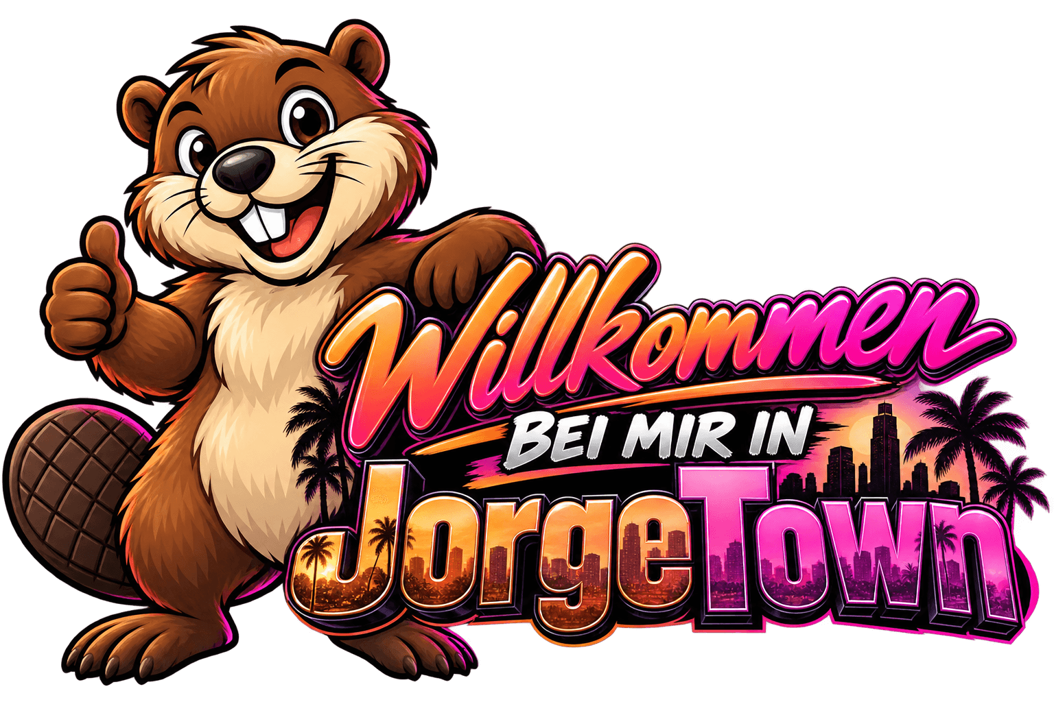 Jorge, der Biber von JorgeTown, mit dem Schriftzug Willkommen bei mir in JorgeTown